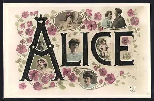 AK Namenstag Alice, Schriftzug mit Frauenporträts