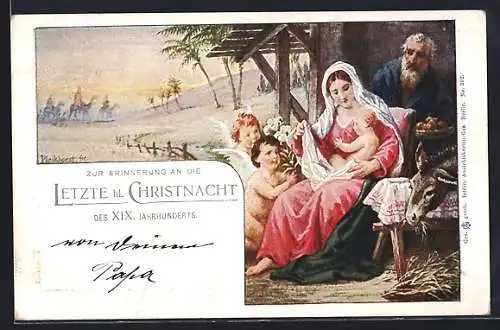 Künstler-AK Erinnerung an die letzte Christnacht des XIX. Jahrhunderts, Heilige Familie mit Weihnachtsengeln