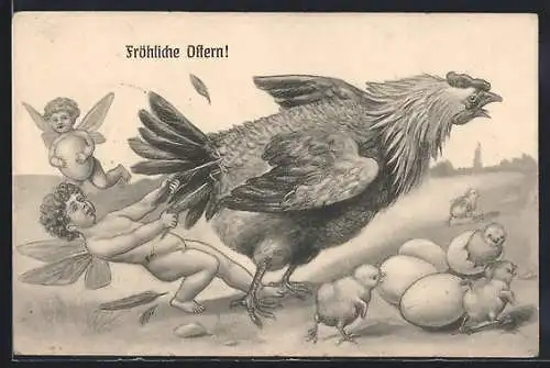 AK Osterengel ärgern ein Huhn mit Küken