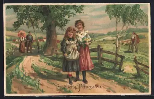 Präge-AK Fröhliche Pfingsten, Mädchen bei einem Frühlingsspaziergang