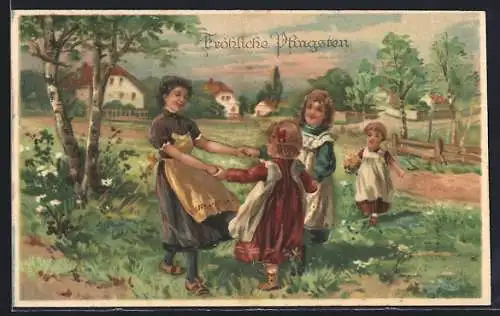 Präge-AK Fröhliche Pfingsten, Kinder tanzen Ringelreihen
