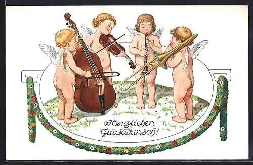 AK Vier kleine Engel spielen Instrumente auf einer Wiese, Glückwunsch