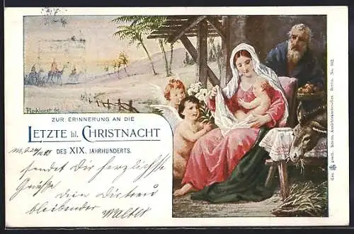 Künstler-AK Maria, Josef und das Jesuskind in der Scheune mit Engeln, Weihnachten 1899