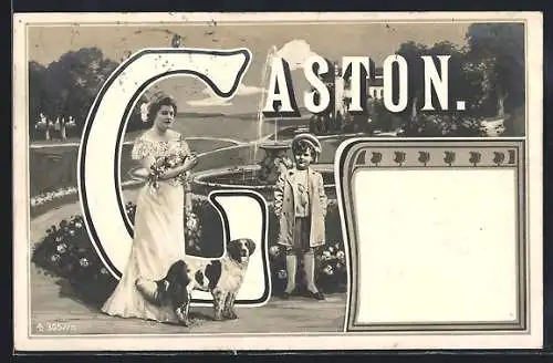 AK Namenstag Gaston, Mutter, Sohn und Hund in einem Park