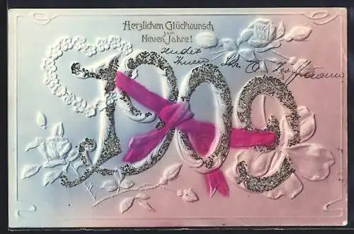 Präge-AK Jahreszahl 1909 mit Rosen und Vergissmeinnicht