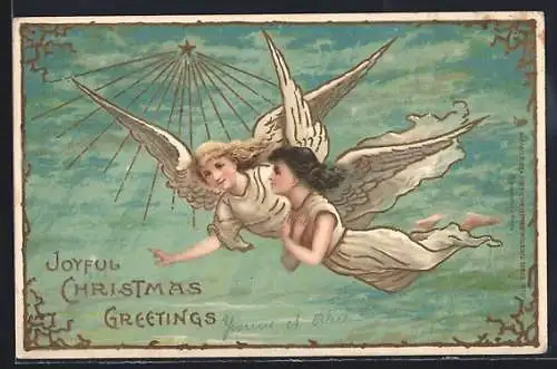 Präge-AK Engel schweben vor einem Stern, Christmas Greetings