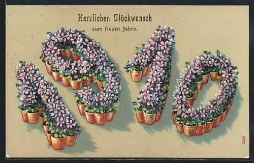 Präge-AK Jahreszahl 1910 aus Veilchen in Blumentöpfen, Neujahrsgruss
