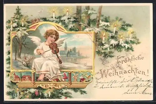 AK Weihnachtsengel spielt auf einer Geige, Kerzen an einem Weihnachtsbaum