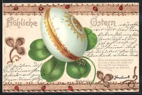 AK Fröhliche Ostern, Grosses Osterei auf einem Kleeblatt