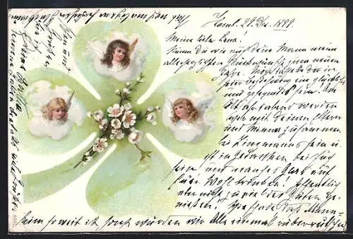 AK Kleine Engel auf einem Kleeblatt