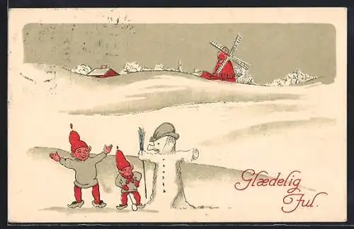 Künstler-AK Zwerge bauen einen Schneemann, Glaedelig Jul