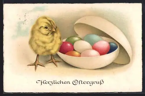 AK Osterküken mit bunten Ostereiern