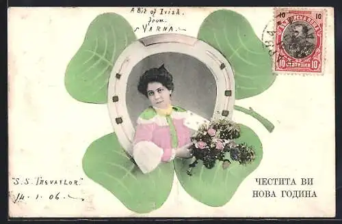 AK Damenporträt im Hufeisen auf einem Kleeblatt