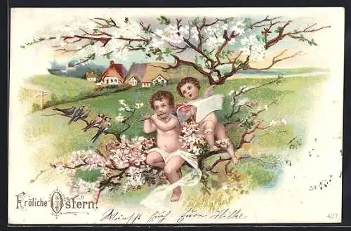 AK Osterengel musizieren auf einem blühenden Zweig