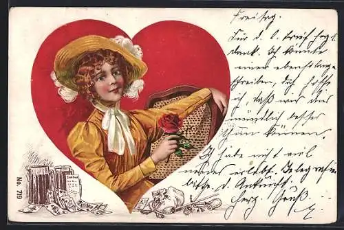 AK Damenporträt auf einem roten Herz