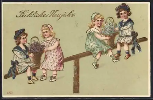 Präge-AK Fröhliches Neujahr, Zwei Pärchen mit Blumenkörben auf einer Wippe sitzend