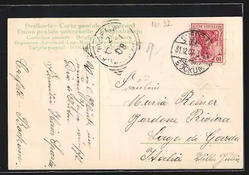 Präge-AK Fröhliches Neujahr, Zwei Pärchen mit Blumenkörben auf einer Wippe sitzend