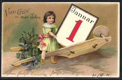 Präge-AK Neujahrsgruss, Kind läd ein Kalenderblatt auf eine Schubkarre