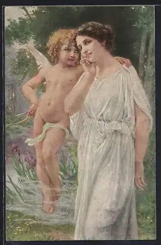 Künstler-AK Amor mit Dame am Waldrand
