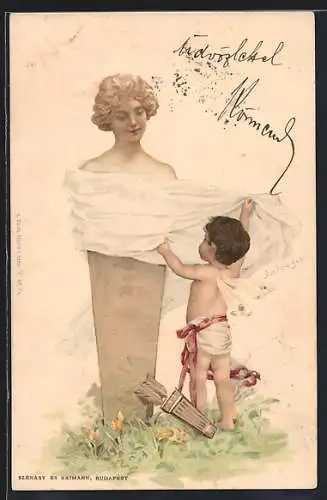 Lithographie Amor verhüllt die Brust einer Frauenbüste