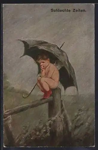 Künstler-AK Engel sitzt bei starkem Regen unter einem Regenschirm, Schlechte Zeiten
