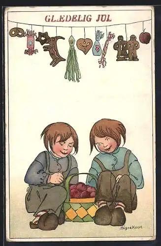 Künstler-AK sign. Signe Kock: Kinder mit Weihnachtsgebäck, Glaedelig Jul