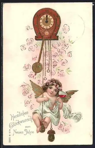 Präge-AK Neujahrsengel mit Weinglas an einem Uhrpendel