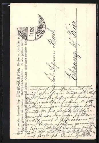 Präge-AK Neujahrsengel mit Weinglas an einem Uhrpendel