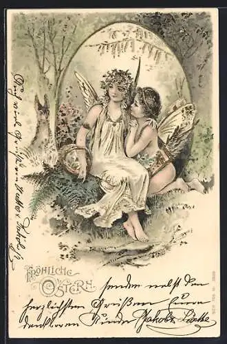 AK Fröhliche Ostern, Osterengel sitzen auf einem Felsen
