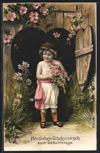 AK Kind mit Blumen zum Geburtstag