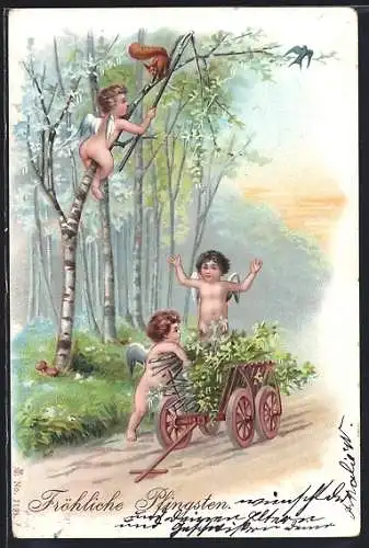 Lithographie Pfingst-Engel versucht ein Eichhörnchen zu fangen