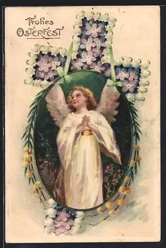 AK Osterengel mit Kreuz aus lilanen und weissen Blumen, Frohes Osterfest