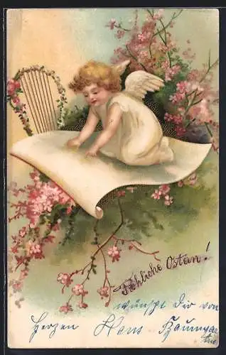 Lithographie Osterengel von Blumen umgeben