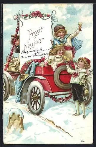 AK Prosit Neujahr, Kinder und Neujahrsengel im Auto