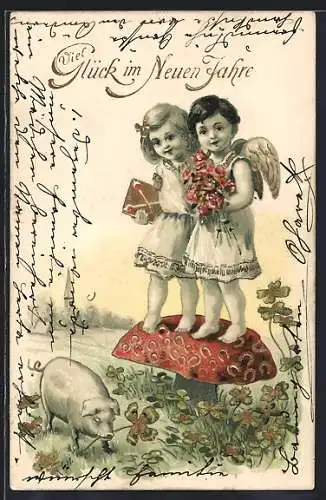 AK Zwei Neujahrsengel stehen auf einem Fliegenpilz mit Schwein und Kleeblättern