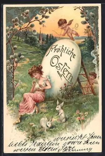 AK Fröhliche Ostern, Amor beschiesst ein hübsches Mädchen, Osterhasen sind im Gras neben ihr