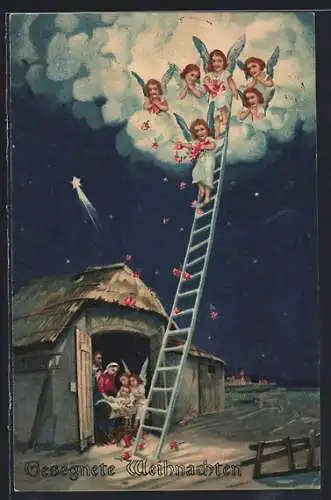 AK Weihnachtsengel streuen Rosen auf Maria, Josef und das Jesuskind