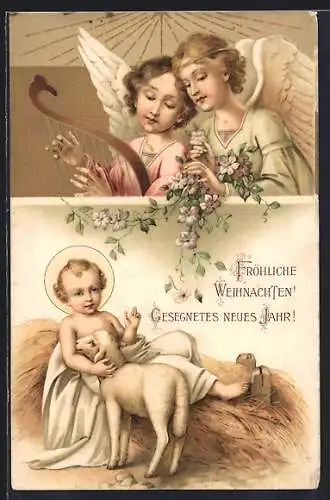Künstler-AK Weihnachtsengel über dem Jesuskind mit Schaf