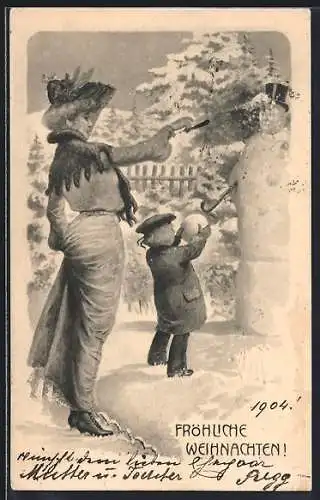 AK Fröhliche Weihnachten!, Mutter und Kind mit Schneemann