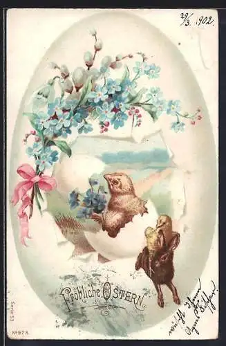 AK Osterküken reitet auf einem Osterhasen