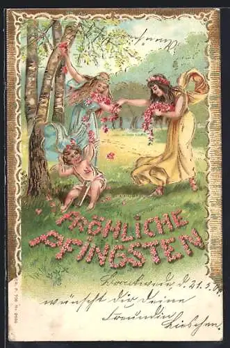 Lithographie Fröhliche Pfingsten, Tänzerinnen und Amor