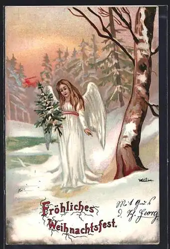 AK Weihnachtsengel mit Tannenbaum im Schnee