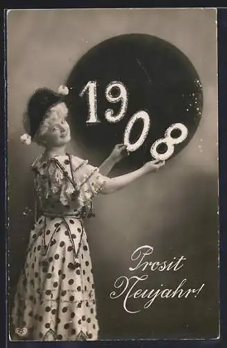 AK Jahreszahl 1908, Frau in gepunktetem Kleid, Prosit Neujahr