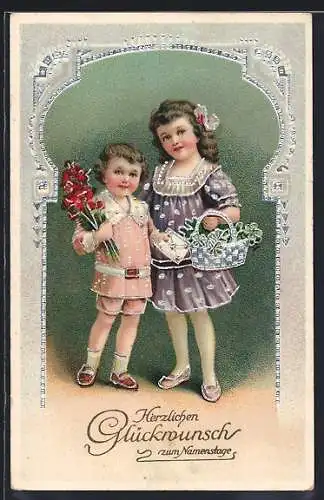 AK Zwei Kinder mit Blumen und einem Brief, Herzlichen Glückwunsch zum Namenstag