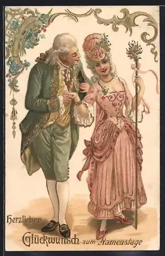 AK Mann und Frau in Kleidung im Rococo Stil, Herzlichen Glückwunsch zum Namenstag