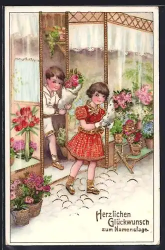 AK Zwei Kinder mit Blumensträussen, Herzlichen Glückwunsch zum Namenstag