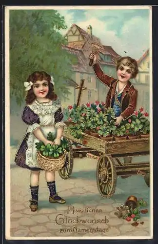 AK Zwei Kinder mit einem Karren mit Kleeblättern, Herzlichen Glückwunsch zum Namenstag