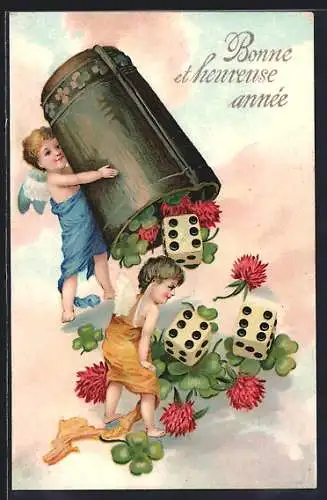 AK Neujahrsengel mit einem Würfelbecher, Würfeln und Kleeblättern, Neujahrsgruss