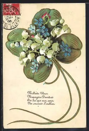 Künstler-AK Kleeblatt mit Maiglöckchen und blauen Blumen