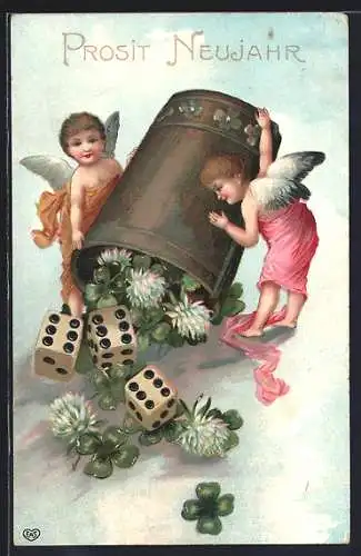AK Neujahrsengel bringen Glücksbringer im Würfelbecher